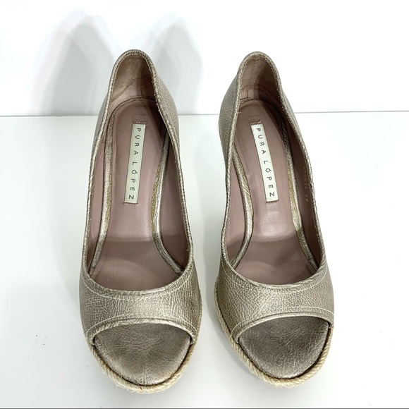 Pura Lopez Metallic Leather Open Toe Espadrille Platform Wedge size 39 - Picture 3 of 10